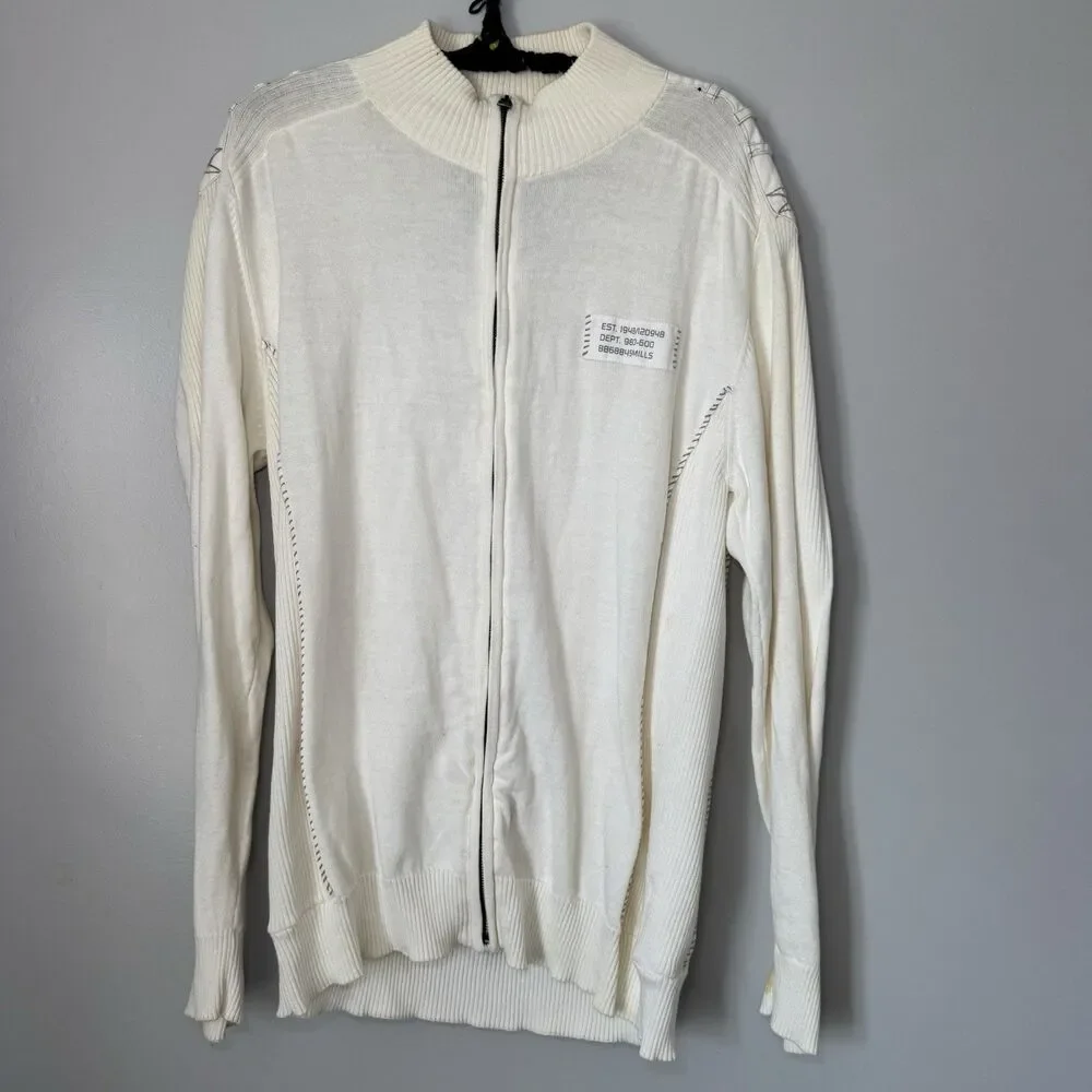 Vintage Men's Buckle Grunge Cream/Off White Cotton Ribbed Zip Up Sweater Sz Lg